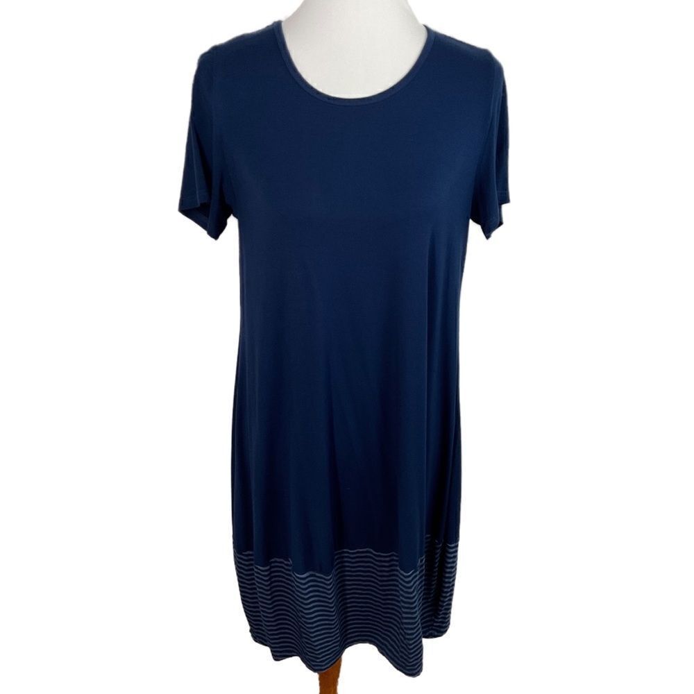 4/$16 Heartstring Blue Striped Panel Short Sleeve Shift Dress Medium - Picture 6 of 6
